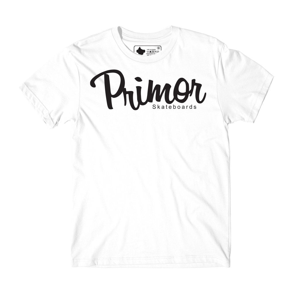 Camiseta Primor Skateboards Script - Branco / Preto