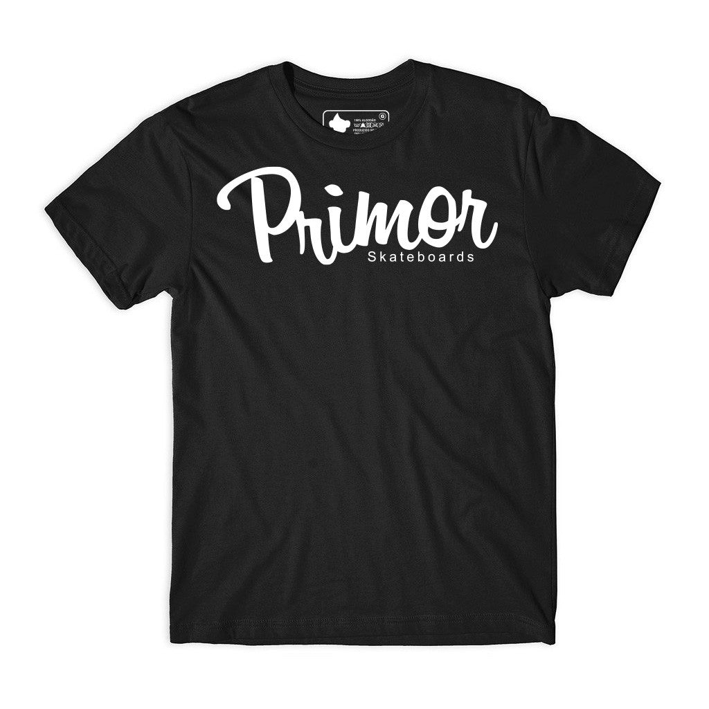 Camiseta Primor Skateboards Script - Preto / Branco